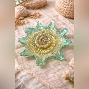 Vintage Iridescent Green Carnival Glass Shell Bowl | Coastal Art Glass Dish